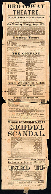 Broadside imprimé par Jared W. Bell (1798? -1870) annonçant la représentation de «The School for Scandal» au Broadway Theatre, le lundi soir 27 septembre 1847.