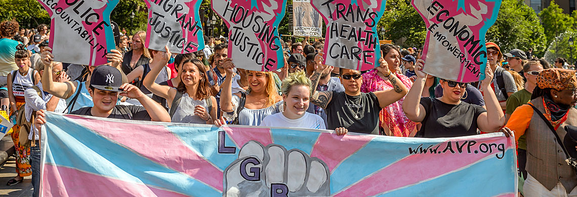 Imagem do projeto antiviolência marchando no dia de ação trans de Nova York por justiça social e econômica