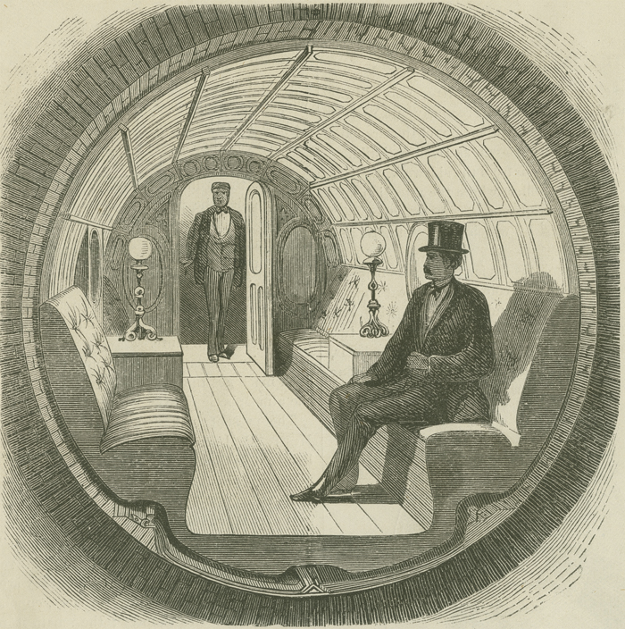 "Under Broadway - Interior de carro de passageiro", ilustração da Broadway Pneumatic Underground Railway, 1871, na Ephemera Collection. Museu da cidade de Nova York. 42.314.142