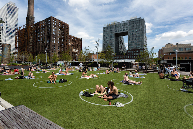 Groups of people sit in clearly marked circles in Domino Park on a sunny day.
