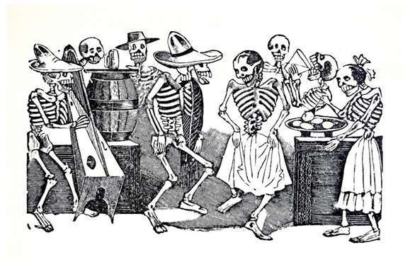 Illustration of a group of skeletons. Some dancing, in the background, others play instruments, drink and eat.