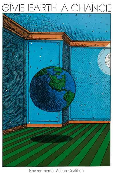 Cartaz com as palavras "Give Earth A Chance" acima, uma sala com paredes azuis e um chão verde e um globo pairando no meio abaixo.