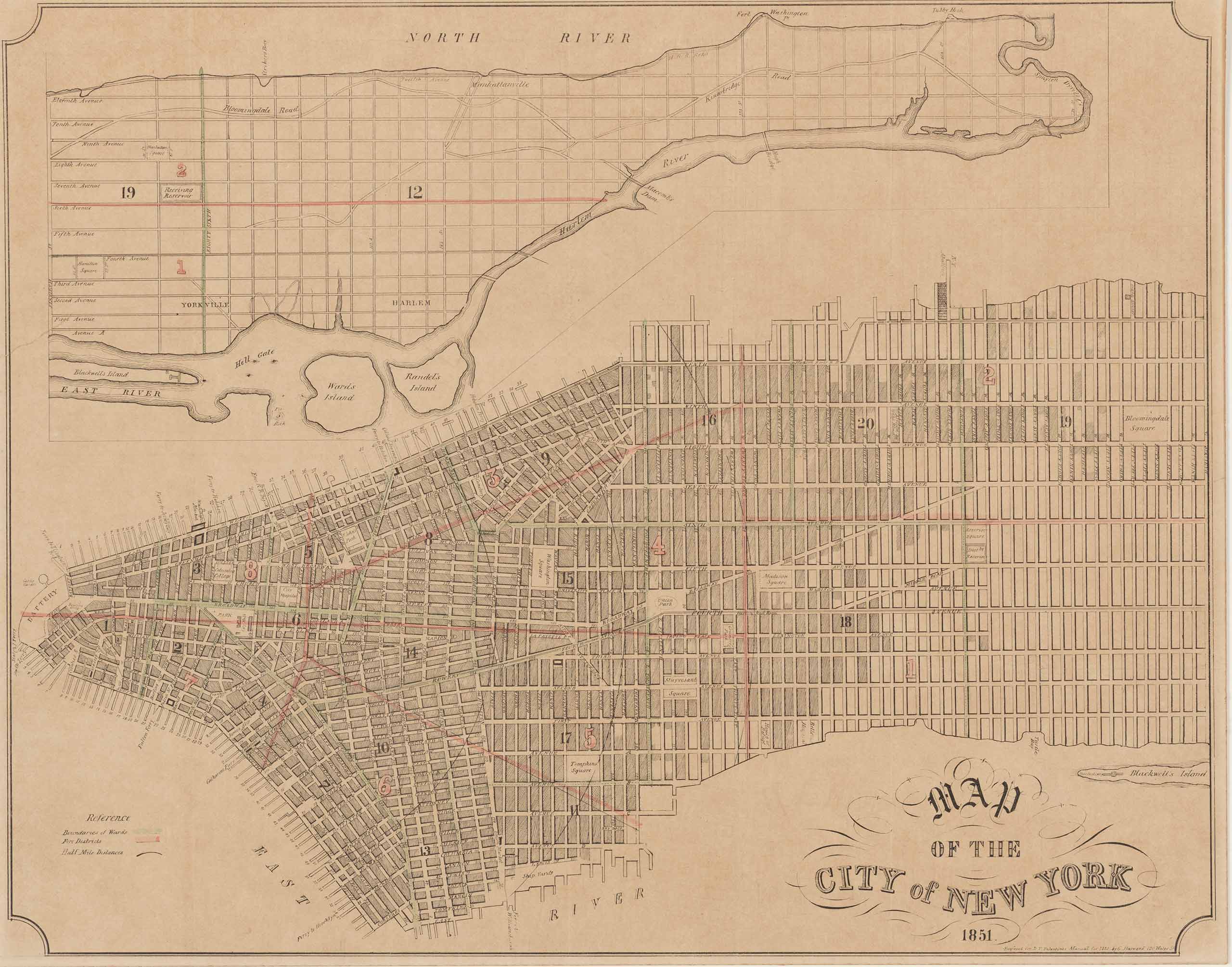 Mapa de planificación para el sistema de red de la ciudad de Nueva York. El mapa muestra todo Manhattan, con las calles y parques etiquetados.