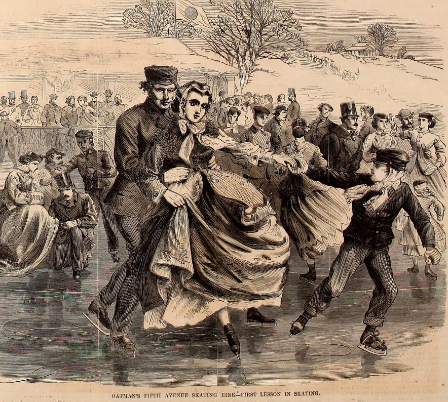 Un dibujo de un grupo de personas patinando en una pista de hielo al aire libre. En primer plano, un hombre está ayudando a una mujer a patinar.