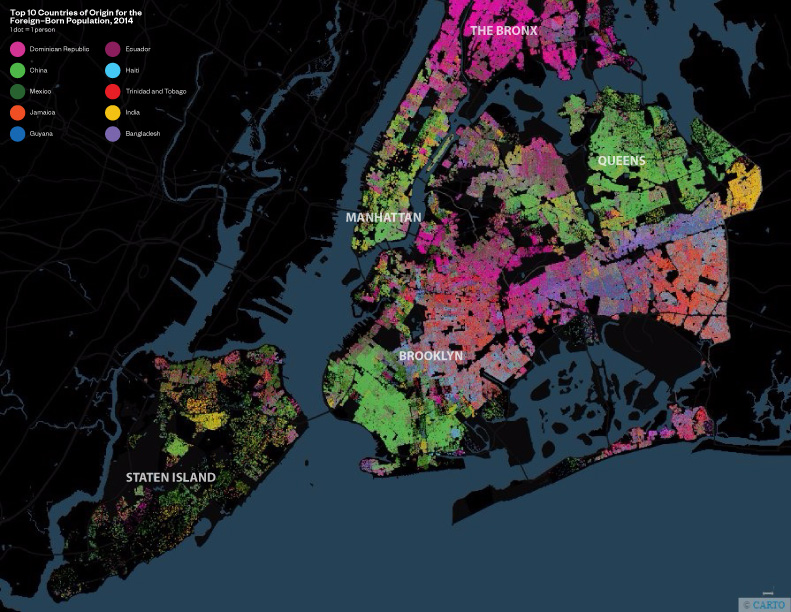 Mapa de la ciudad de Nueva York que describe los 10 principales países de origen de la población nacida en el extranjero desde 2014.