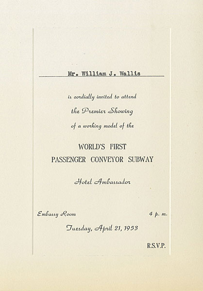 Invitación escrita al evento de transporte en el Hotel Ambassador el 21 de abril de 1953.