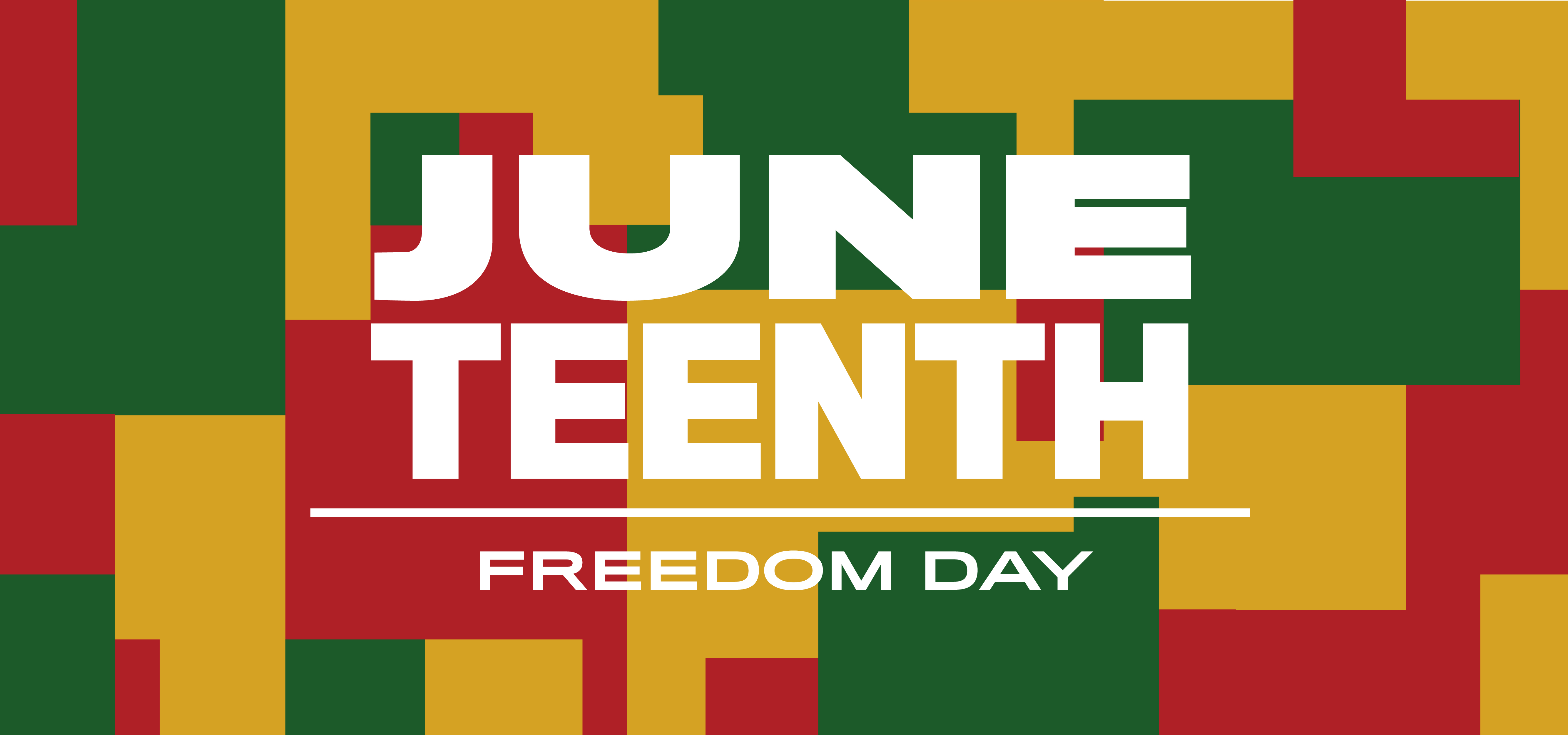A banner image with the headline titles Juneteenth and Freedom Day over a background of abstract shapes in the colors red, green, and yellow. 