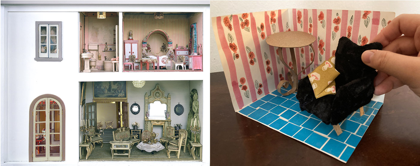 Left: a photo of the colorful rooms of the Stettheimer dollhouse. Right: a tiny room and furniture made from craft materials. 