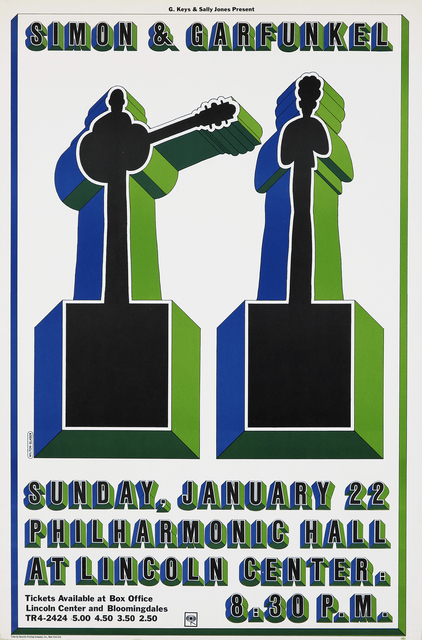 Poster for Simon & Garfunkel concert. Three-dimensional text appears at the top and bottom in black, green and blue. In the center, two figures appear as silhouettes on pedestals, in the same three-dimensional manner with the same colors. 