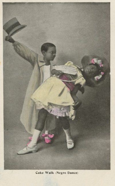 Postcard showing a young African-American boy and girl dancing in fancy dress