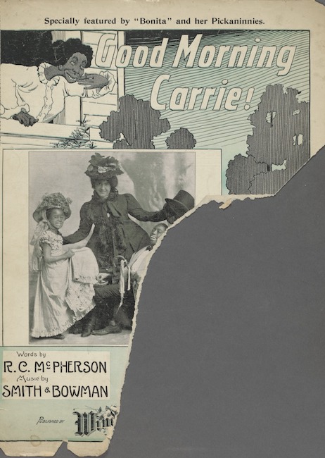 Partial front page of sheet music for "Good Morning Carrie," showing illustrations and photographs.