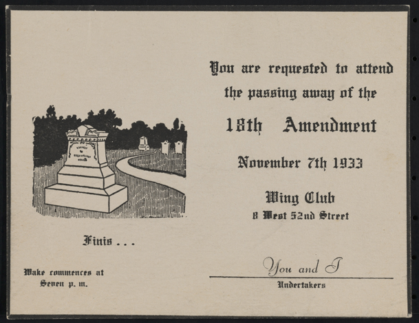 Invitation To The Wing Club, 8 West 52nd Street, To Celebrate The Repeal Of The 18th Amendment