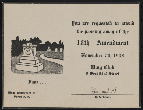 Invitation au Wing Club, 8 West 52nd Street, pour célébrer l'abrogation du 18e amendement