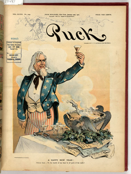 Puck Magazine, el Tío Sam brindando por los soldados estadounidenses en Puerto Rico y otros lugares