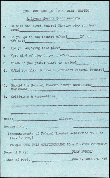 Audience Survey Questionnaire For It Can't Happen Here