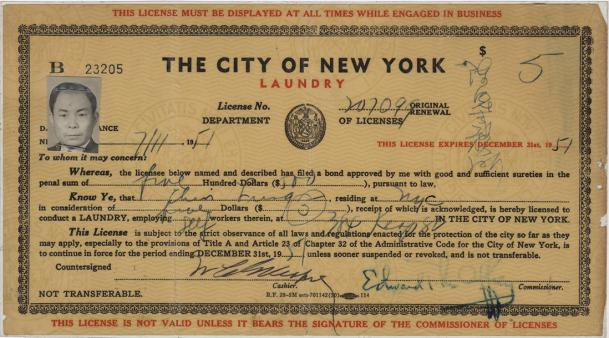 Licence de blanchisserie de Lung Chin à New York