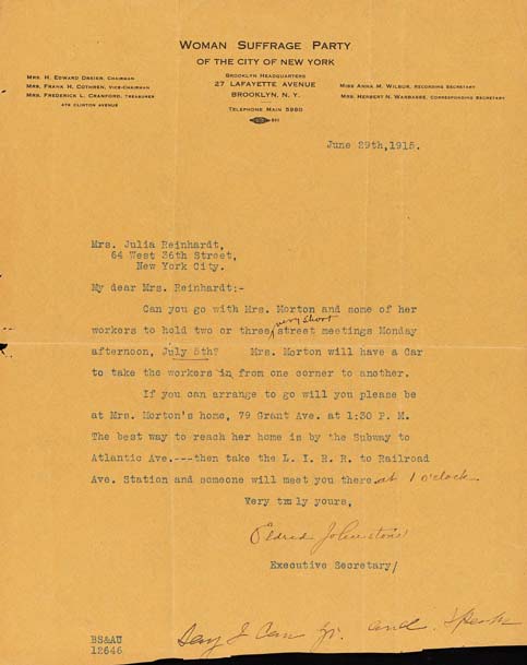 Lettre d'Eldredge Johnson à Mme Julia Reinhardt Recruiting Speakers