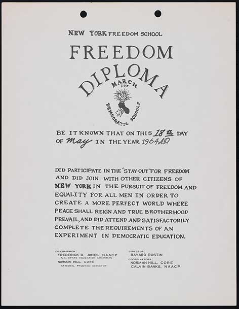 “New York Freedom School, Freedom Diploma” pertencente ao líder dos direitos civis Bayard Rustin