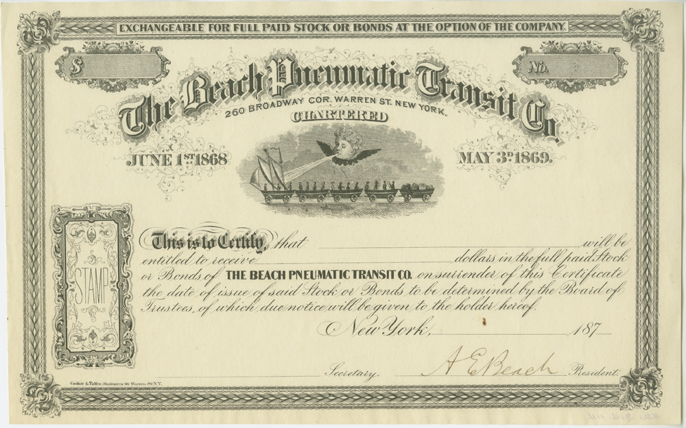 Certificado de estoque para o Beach Pneumatic Transit Co, ca. 1873, na coleção das coisas efêmeras. Museu da cidade de Nova York. 42.314.114
