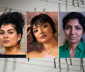 Headshots of Divya Victor, Tanäis, and Anjali Kamat in front of Tanäis' "A Love Supreme."