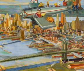 Characters from Alice in Wonderland flying over Manhattan in a small airplane