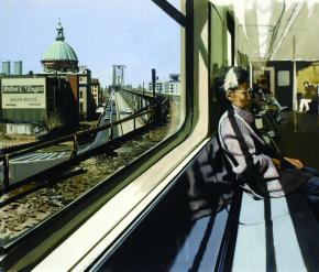 Painting of person sitting on M Train going over the Williamsburg Bridge