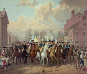 George Washington and other officers riding on horseback down a city street, with a crowd watching