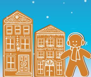 Graphic that shows two gingerbread buildings and a gingerbread person against a snowy background.