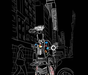 A white line drawing against a black background by artist June Lee Van Dunk