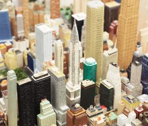 Miniature buildings from New York City carved out of wood