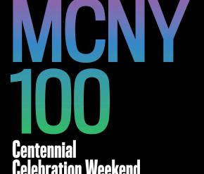 以蓝绿色渐变书写的 MCNY 100 出现在黑色背景上，副标题为白色的百年庆典周末。