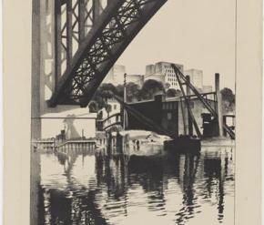 A black and white print of water flowing under a bridge.