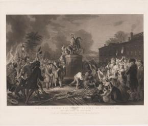 A black-and-white print from 1859 depicting a nighttime scene of an angry crowd of New Yorkers from the colonial period pulling down an equestrian statue of King George III.
