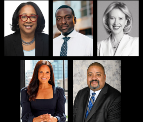 Headshot collage: Top Row (left to right): Christina Swarn, Yusef Salaam, Lucy Lang; Bottom Row (left to right): Soledad O’Brien, Alvin Bragg