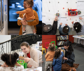 照片拼贴：[右下]一名男子抱着一个幼儿正在看画。 [左下] 一位女士对着一个正在创作艺术的小孩微笑。右上] 一名男子和两个小孩在桌子旁画画。 [右下] 一名成人给一群幼儿读书。 [