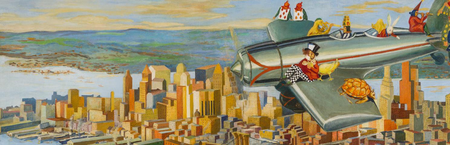 Characters from Alice in Wonderland flying over Manhattan in a small airplane