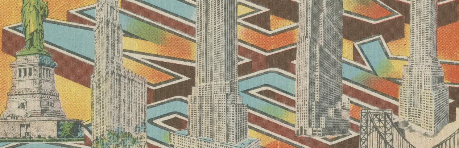 Iconic buildings of New York with text that reads "Greetings from New York"