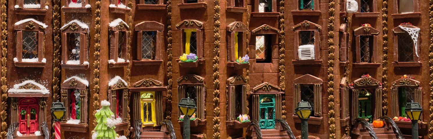 Brooklyn brownstones recreated out of gingerbread, frosting, and candy