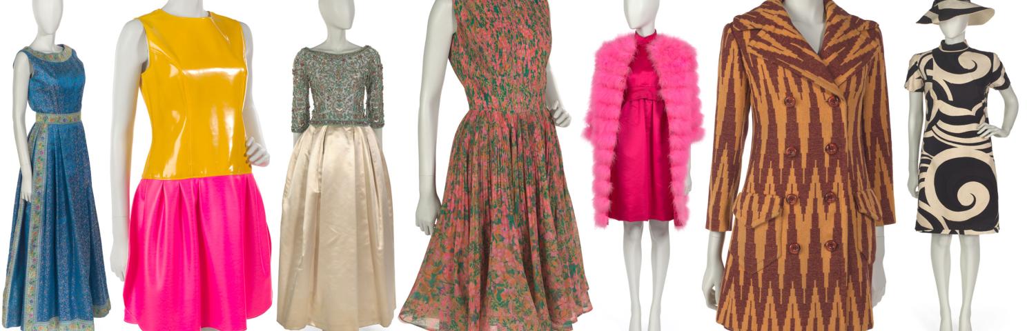 Series of seven mannequins, each wearing a different example of a mod fashion