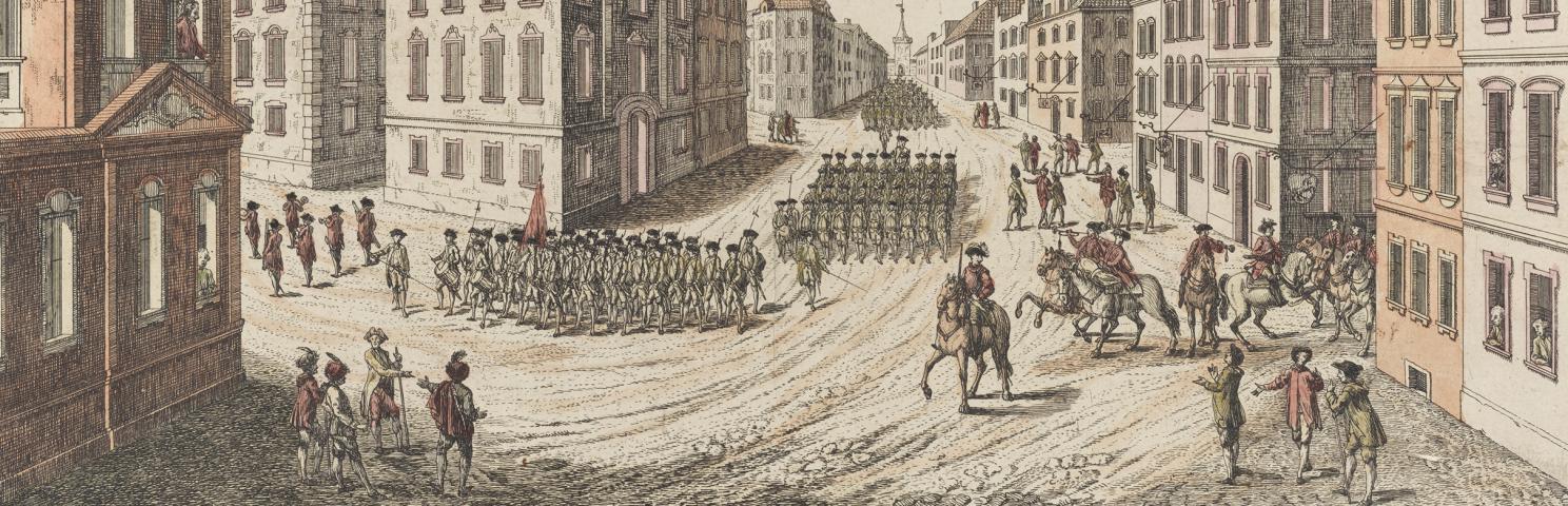 A print by Franz Xaver Habermann showing the entry of Royal Troops into New York