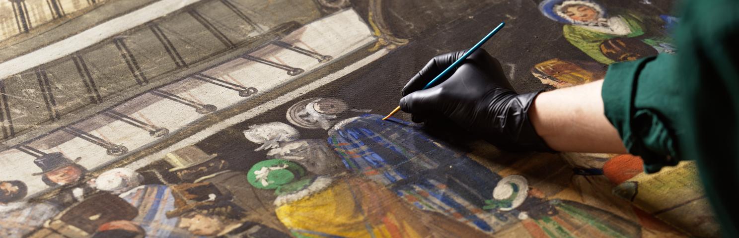 A gloved hand brushes over an old painting of people standing by a ship.