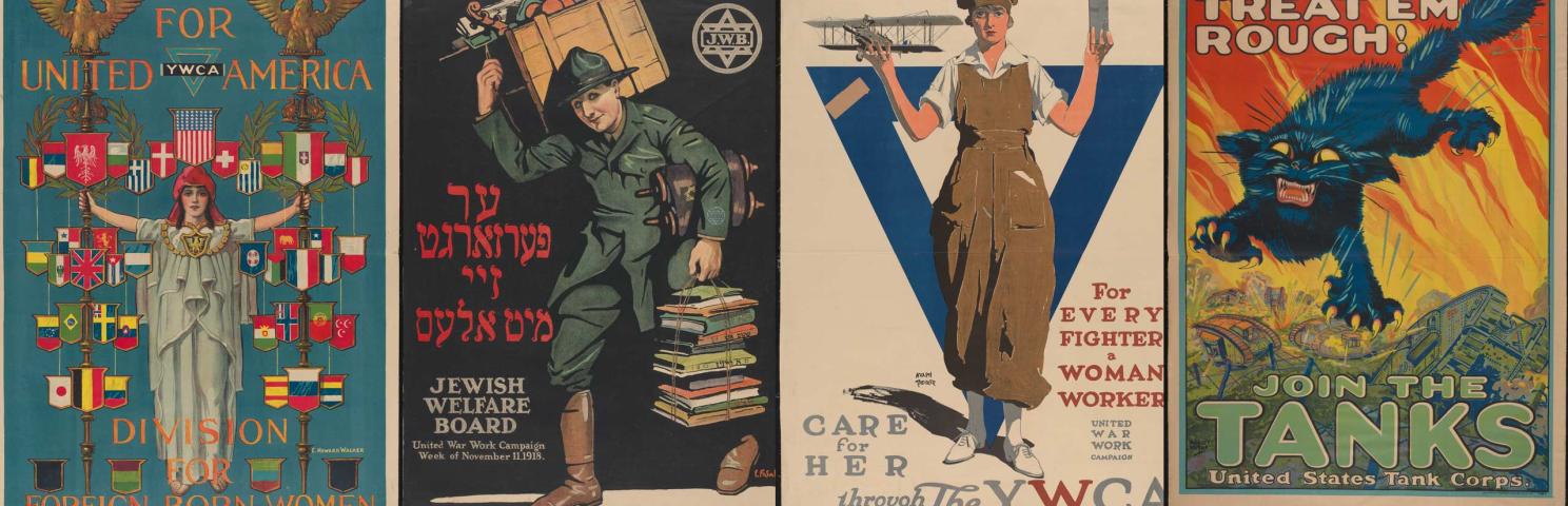 Four WWI posters that encourage different groups to participate in the war effort through working, enlistment, and more