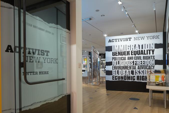 An entrance to a gallery that reads, "Activist New York."