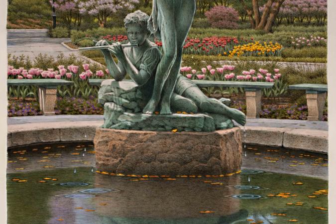 A painting of two child figure statues in a fountain with flowers and trees in the background.