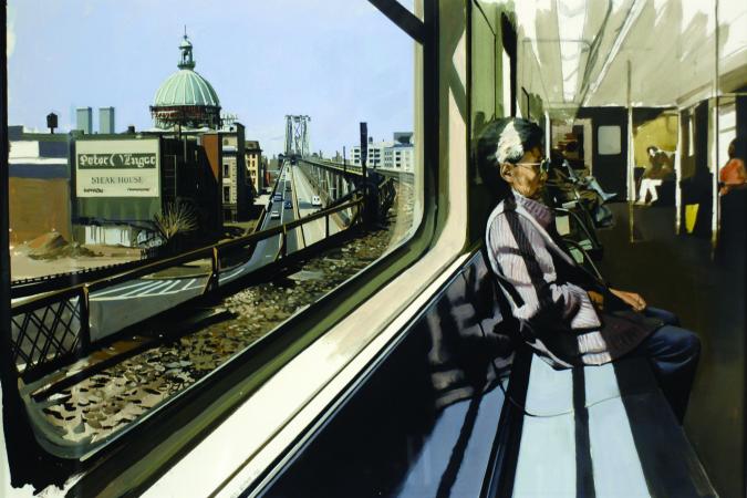 Pintura de pessoa sentada no trem M passando pela ponte Williamsburg