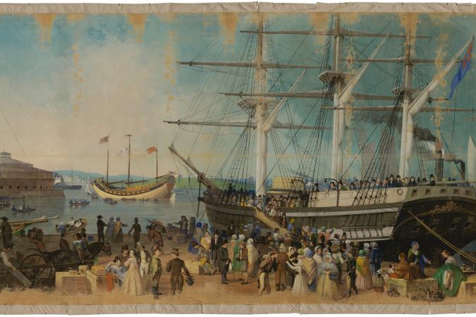 A 19th century painting on a harbor with many people on the street next to a large ship. 