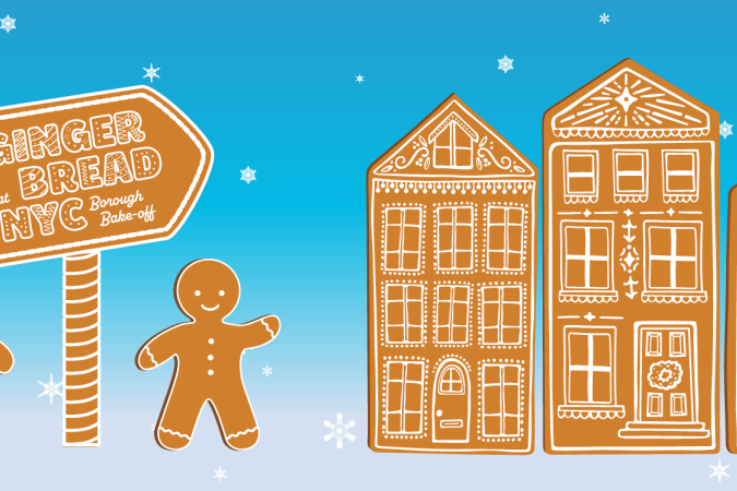 Graphic of two gingerbread people standing next to a sign with the exhibition title, pointing to three gingerbread houses