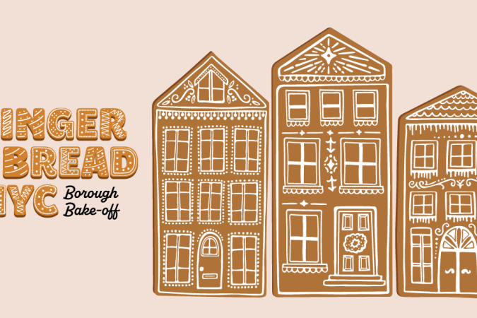 Un graphique avec les mots "Gingerbread NYC The Great Borough Bake-off" sur la gauche, et trois biscuits au pain d'épice en forme de façades d'immeubles d'appartements de New York sur la droite.
