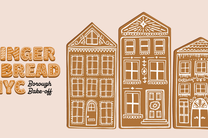 「Gingerbread NYC The Great Borough Bake-off」という言葉が左側にあるグラフィックと、右側にある NYC のアパートの建物のファサードのような形をした XNUMX つのジンジャーブレッド クッキー。