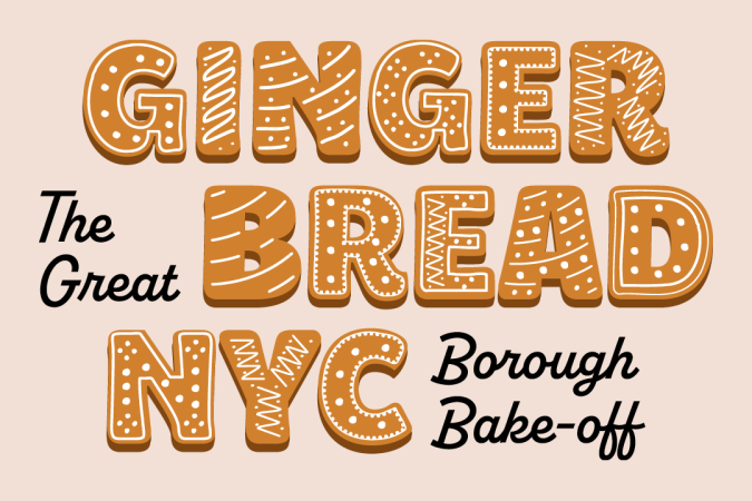 아이스 쿠키 모양의 "Gingerbread NYC" 텍스트와 "The Great Borough Bake-off: 검은색 스크립트"가 있는 그래픽.